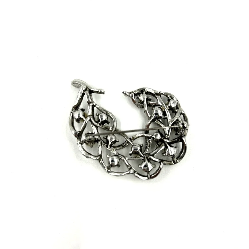 Vintage Brooch Pin Silver Tone Faux Pearl Floral Leaf Flower VTG Jewelry